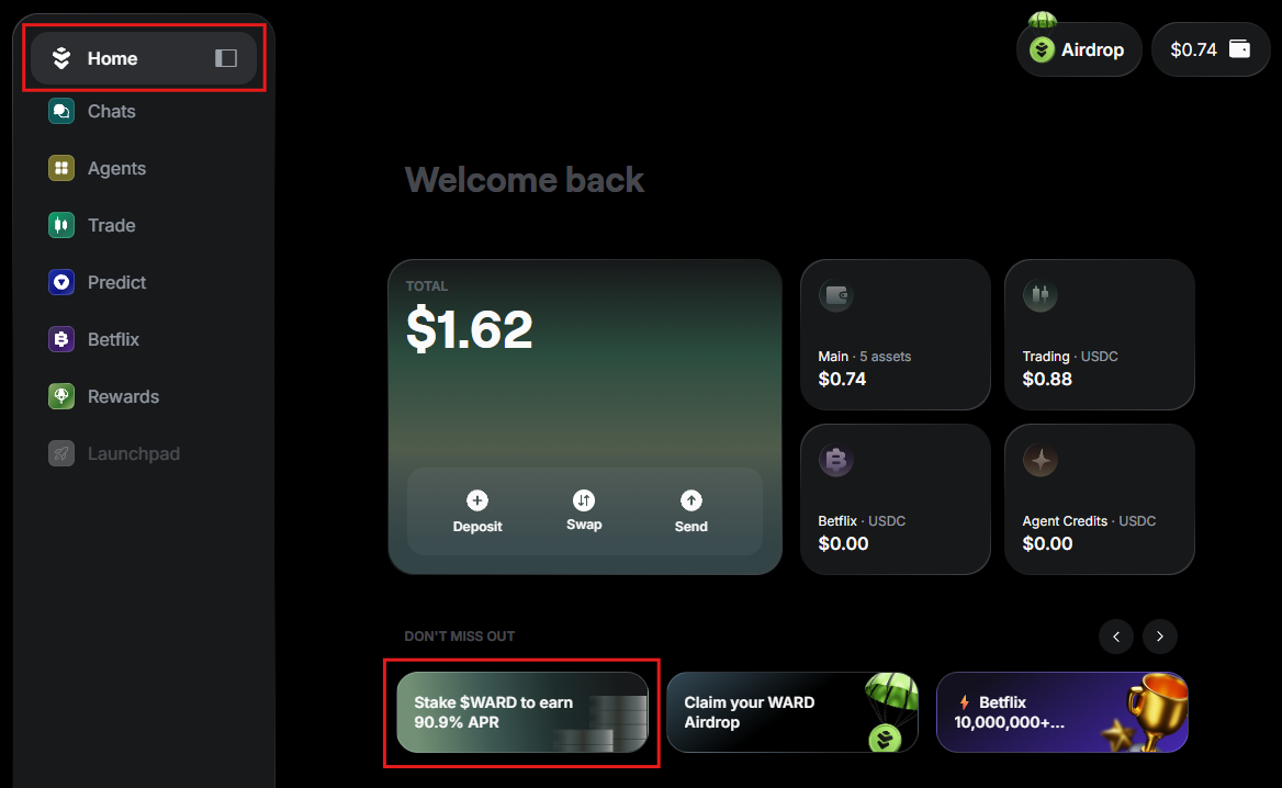 Access the staking screen in Warden