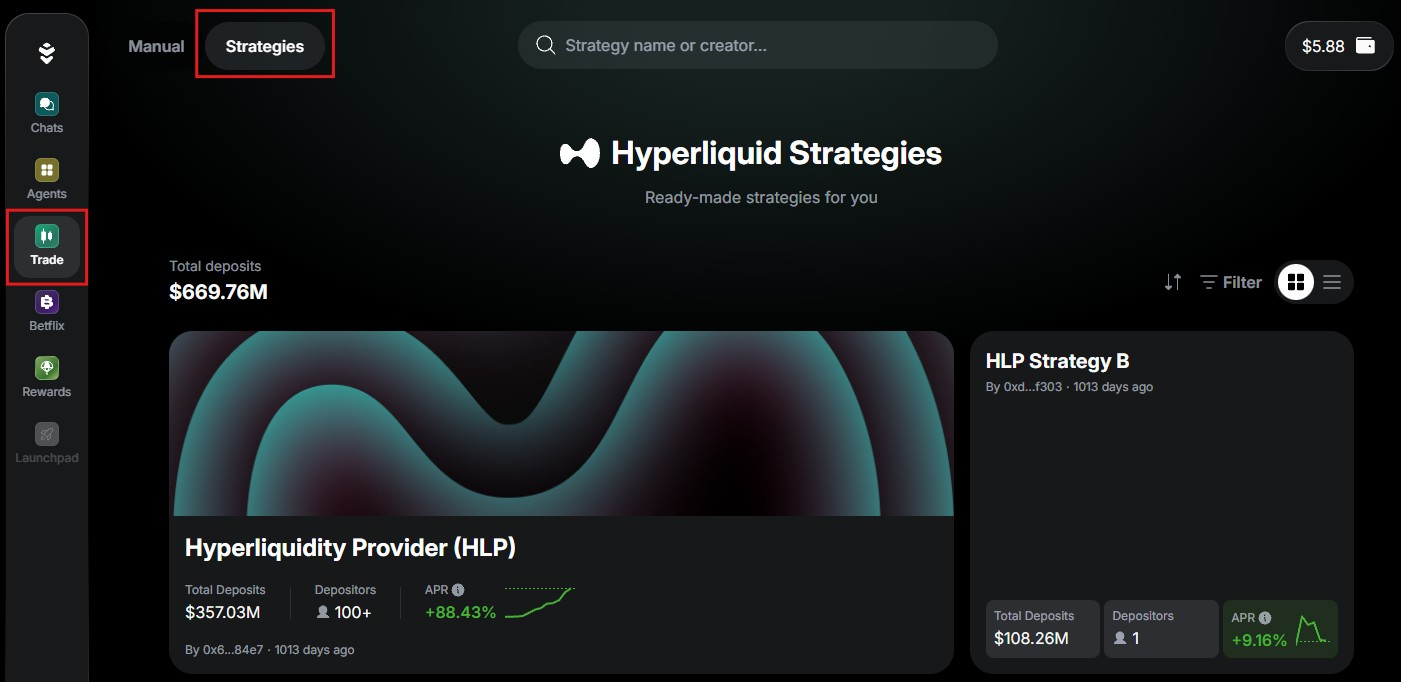 Access the Strategies tab in Warden's AI Trading Terminal